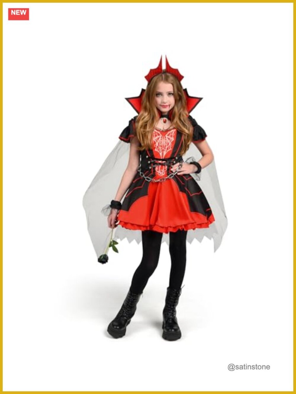 Girls Vampire Halloween Costume Dress Cape Necklace Gloves 5 Pc Set